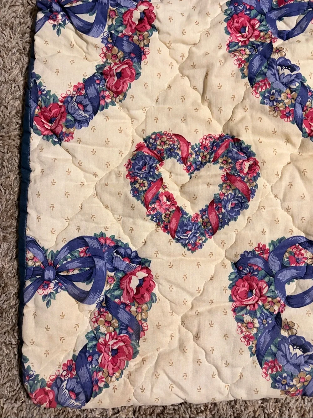 Vintage Floral Heart Quilted Pillow Case Set - Blue & Cream